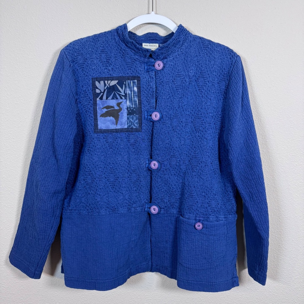 Brie Kriebel Blue Cotton Artisan Patchwork Crane Jacket Made in Oregon Women's S